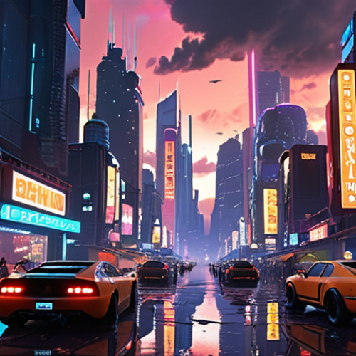 Home 7 A breathtaking panoramic view of a cyberpunk metropolis at dusk, neon-lit skyscrapers stretching into the clouds, flying vehicles zipping between buildings, a bustling street market below, reflective puddles, highly detailed, volumetric lighting, cinematic, 8k, unreal engine 5, by Syd Mead and Akira.