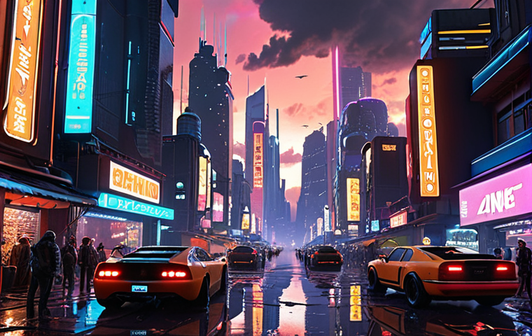 A breathtaking panoramic view of a cyberpunk metropolis at dusk, neon-lit skyscrapers stretching into the clouds, flying vehicles zipping between buildings, a bustling street market below, reflective puddles, highly detailed, volumetric lighting, cinematic, 8k, unreal engine 5, by Syd Mead and Akira.