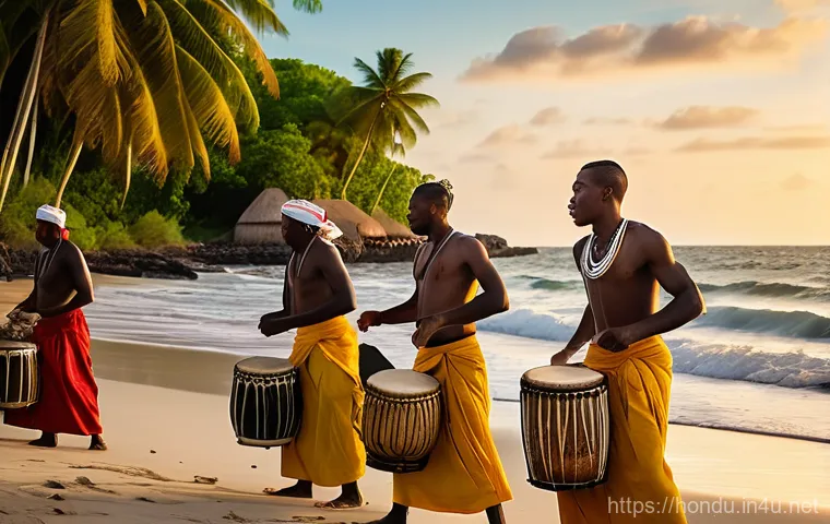 온두라스 전통 춤 푼타 - A dynamic wide shot of Garifuna people performing the traditional Punta dance on a sandy beach at su...