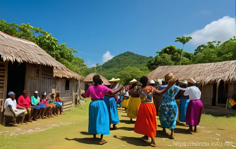 온두라스 전통 춤 푼타 - A close-up, highly detailed shot of Garifuna musicians intently playing traditional instruments duri...