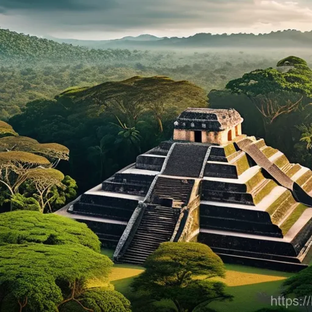 온두라스에서 가장 오래된 유적지 - **A majestic long shot of the Copán Acropolis in Honduras, bathed in the soft light of dawn. Towerin...