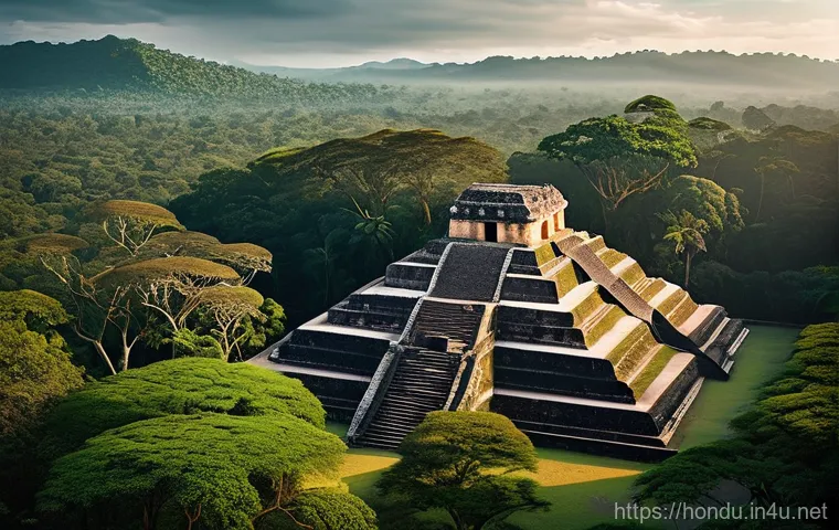 온두라스에서 가장 오래된 유적지 - **A majestic long shot of the Copán Acropolis in Honduras, bathed in the soft light of dawn. Towerin...