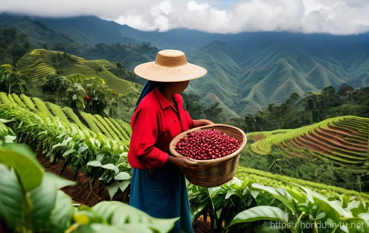온두라스에서 인기 있는 기념품 리스트 - **Honduran Coffee Harvesting & Landscape:** A vibrant, sun-drenched scene showcasing the rich coffee...