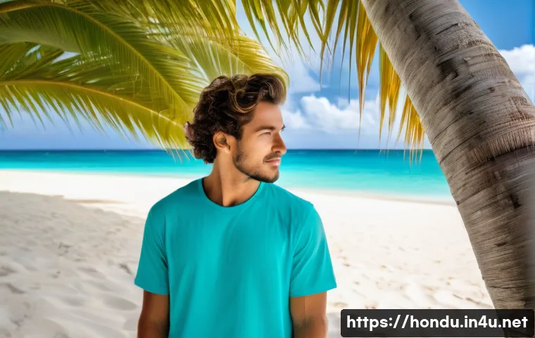 온두라스에서 비자 연장하는 법 - A young adult traveler, appearing captivated and thoughtful, stands on a pristine beach in Honduras....