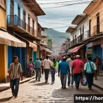 온두라스 치안과 여행 시 주의사항 - A bustling street scene in a Central American city, resembling Tegucigalpa, Honduras, during daytime...